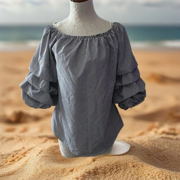 Kontrol contemporary striped blouse L puff sleeve black white off shoulder - Picture 1 of 8